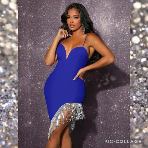 Royal Blue Asymmetrical Rhinestone Fringe Evening Party Dress - Picture 3 of 7